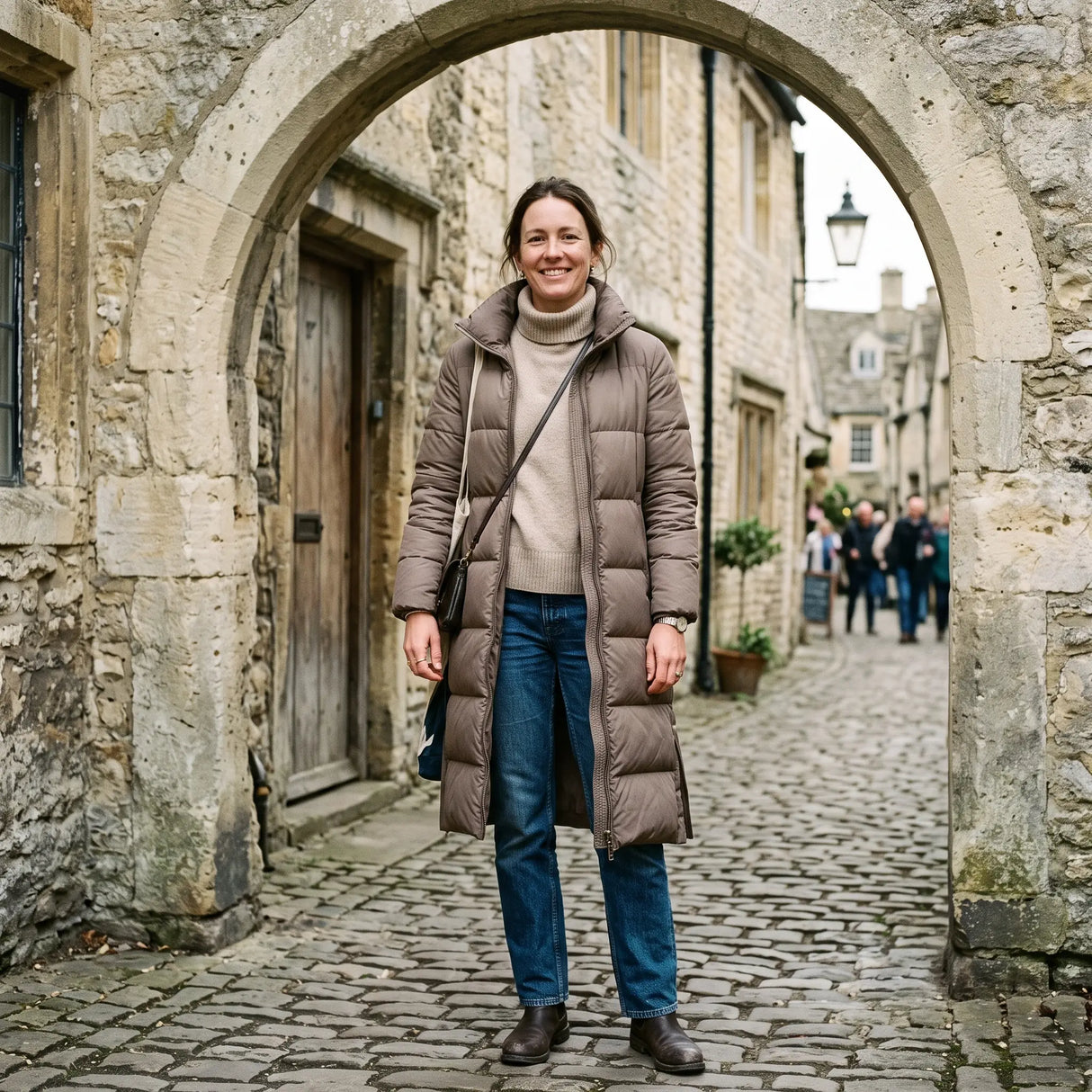 Women's Padded Coat with Side Zips - Dark Beige - pale stone archway