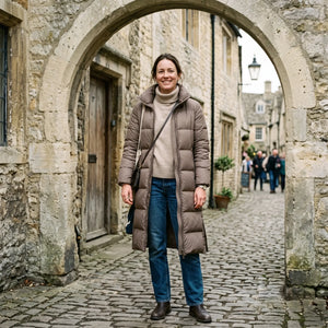 Women's Padded Coat with Side Zips - Dark Beige - pale stone archway