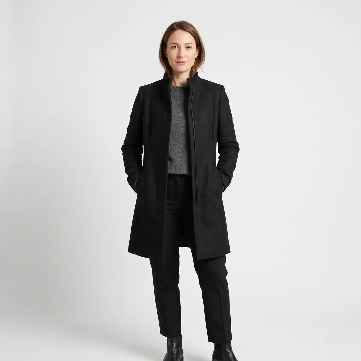 Women's Stand-Collar Coat - Black - studio hero