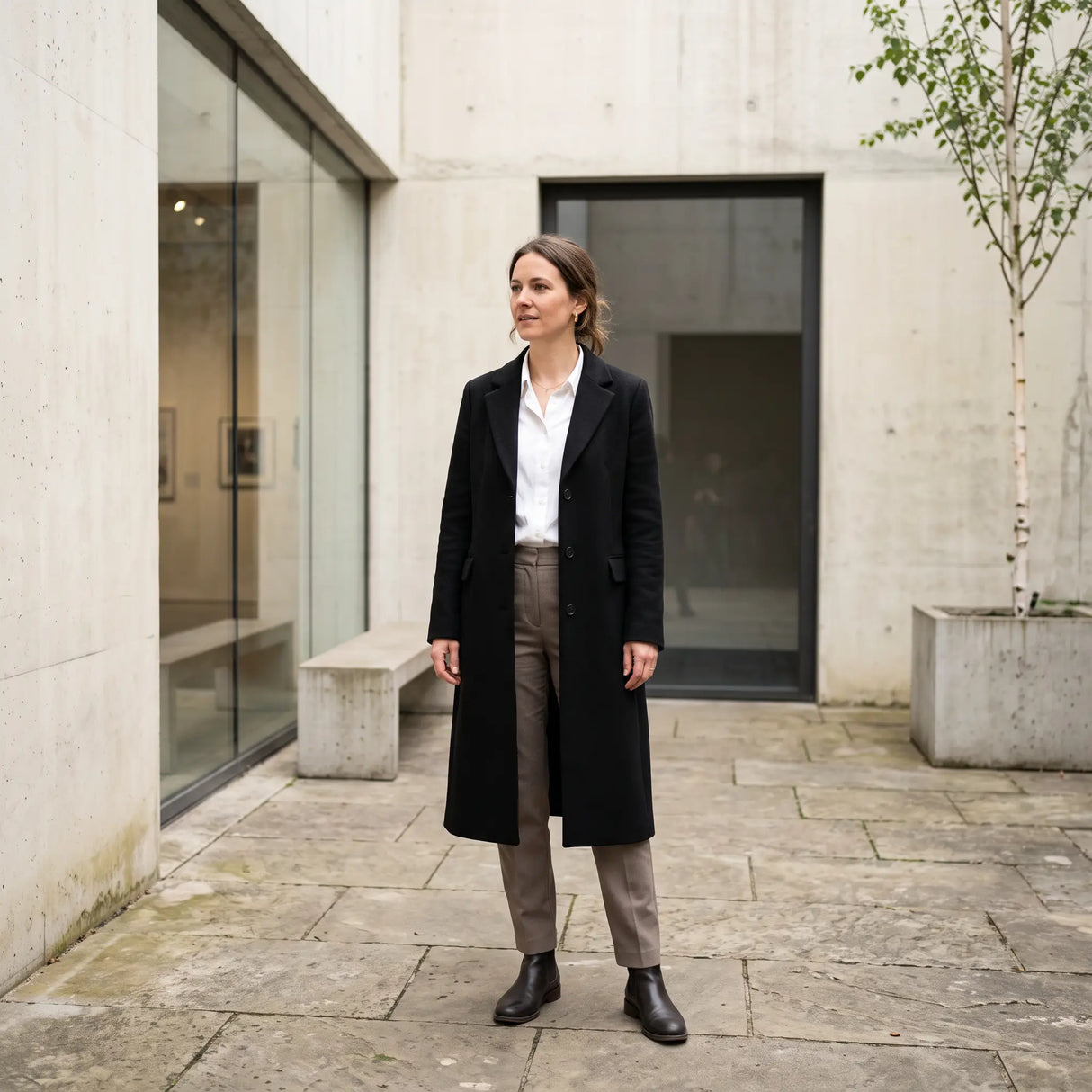 Women's Premium Wool Coat - Black - gallery courtyard