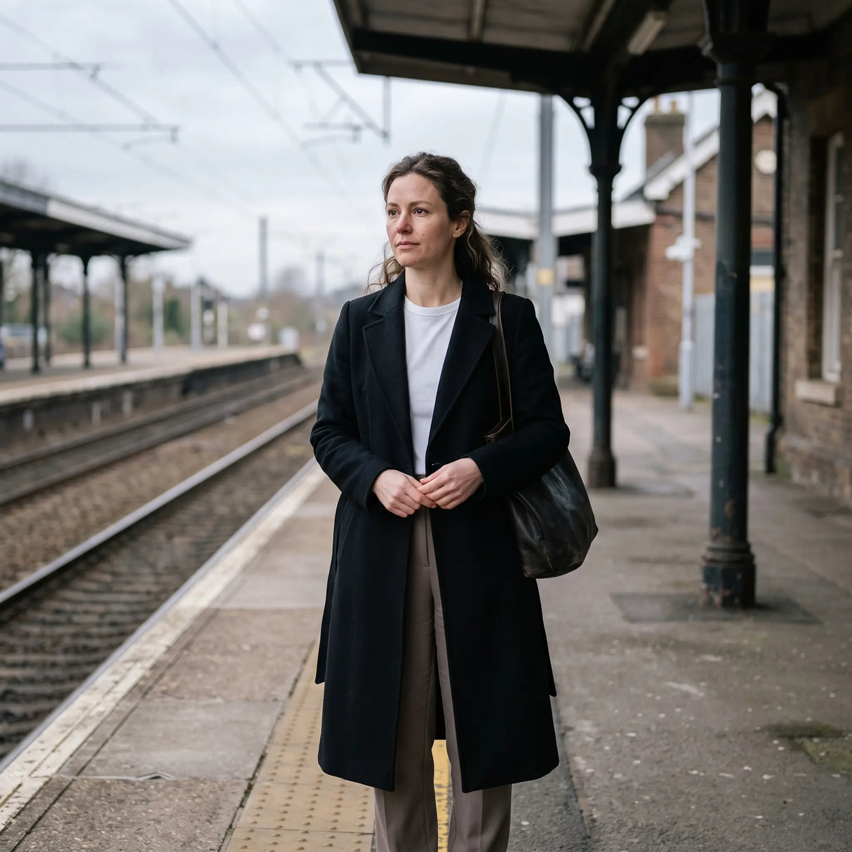 Women's Premium Wool Coat - Black - station platform