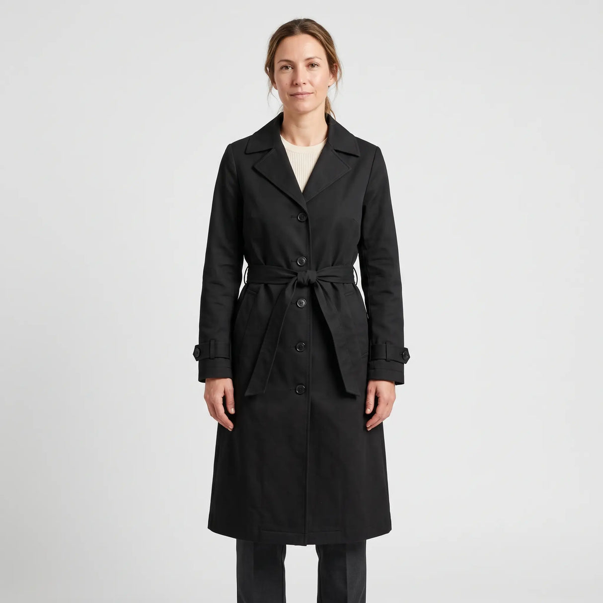 Women's Single-Breasted Trench Coat - Black - studio hero