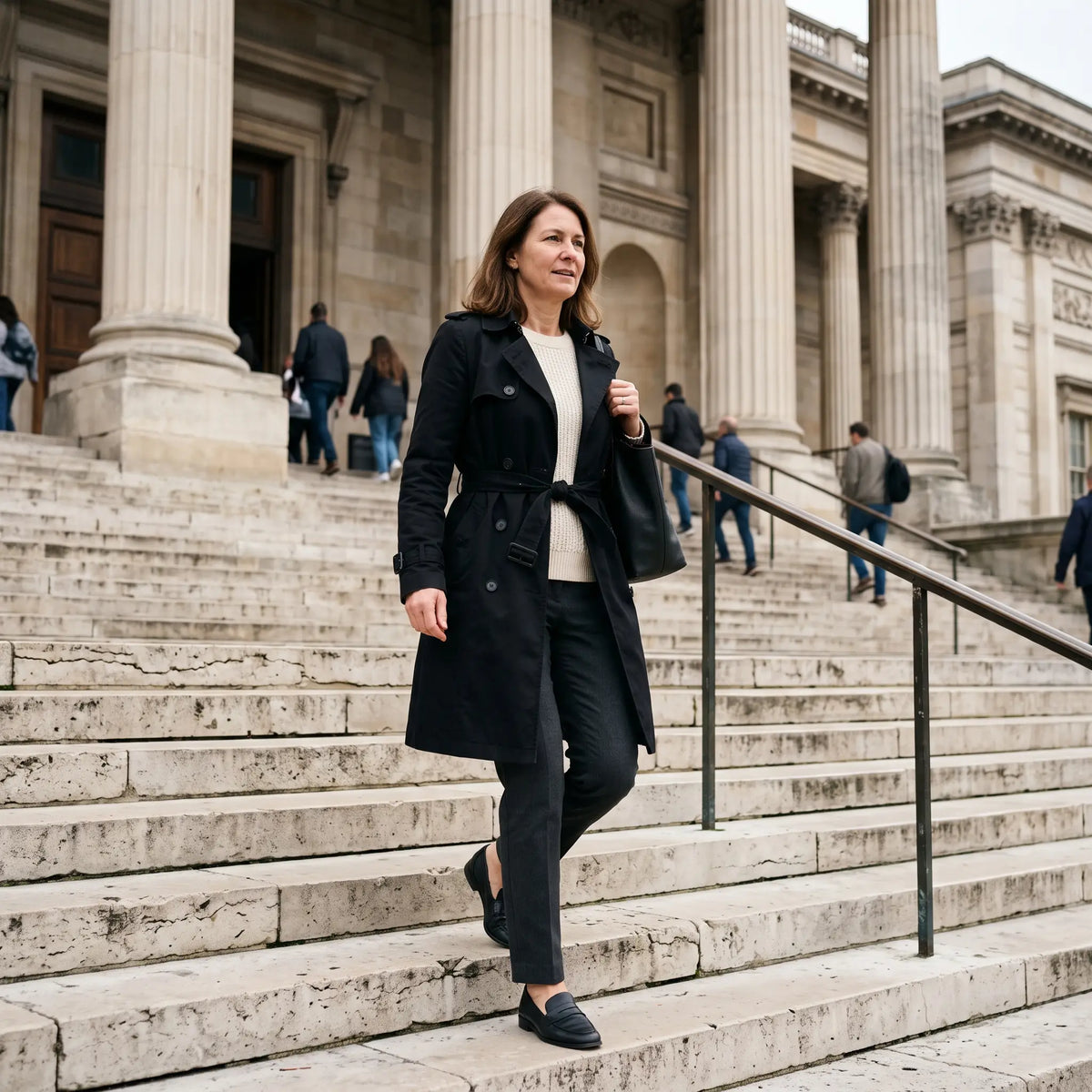 Women's Single-Breasted Trench Coat - Black - museum steps