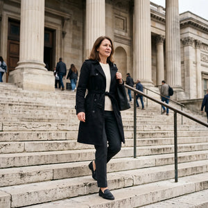 Women's Single-Breasted Trench Coat - Black - museum steps