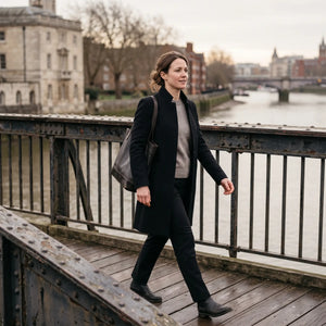 Women's Stand-Collar Coat - Black - riverside footbridge