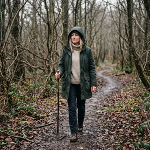 Women's Warm-Lined Long Parka - Dark Green - woodland trail