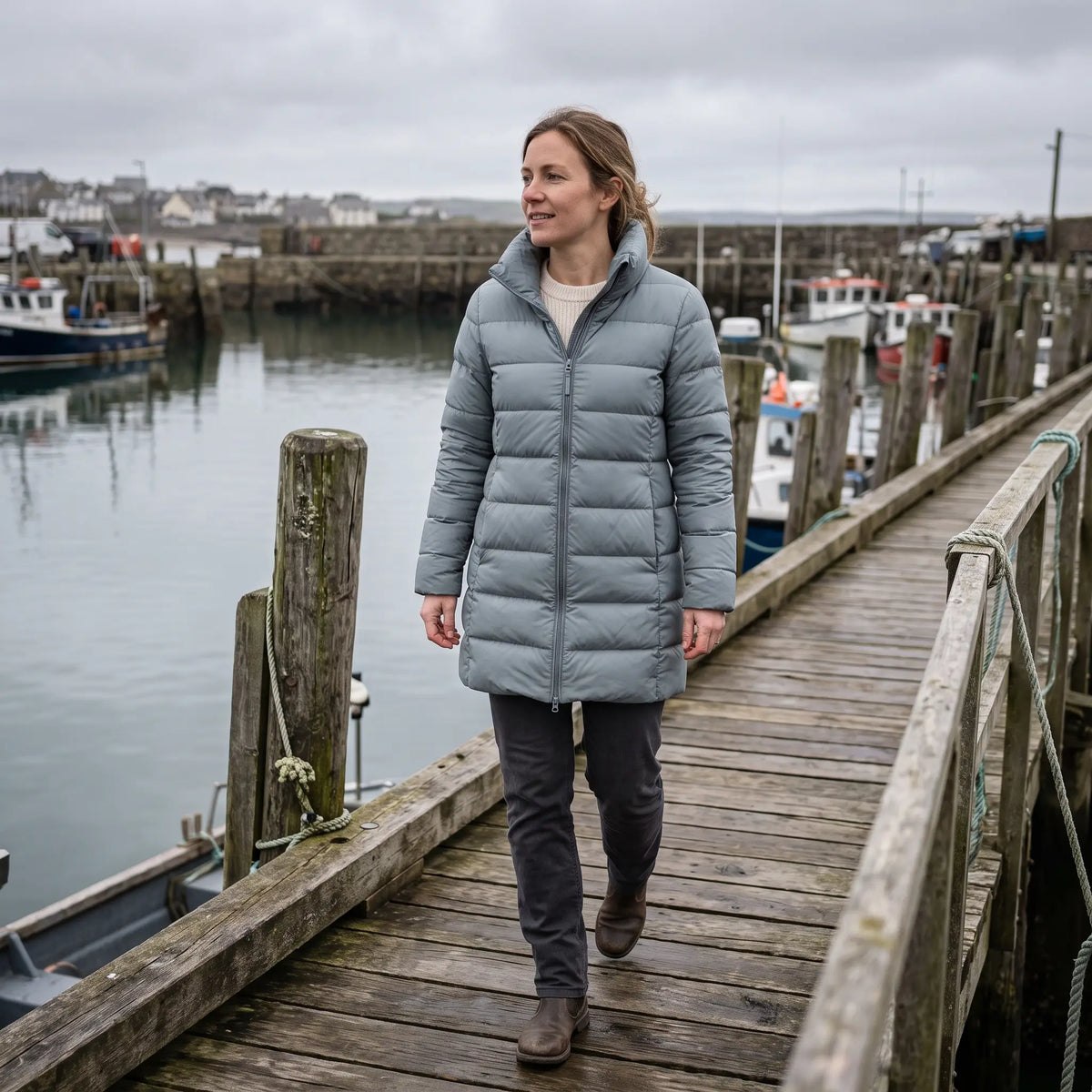 Women's Down-Feel Puffer Coat - Grey Blue - harbour walkway