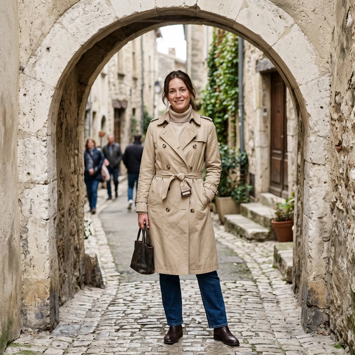Women's Double-Breasted Trench Coat - Beige - pale stone archway