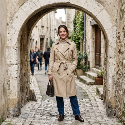Women's Double-Breasted Trench Coat - Beige - pale stone archway