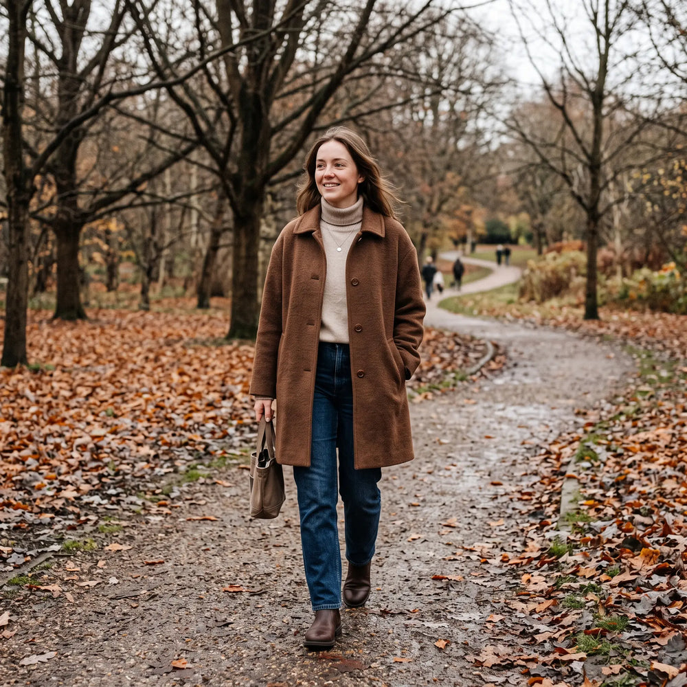 Women's Warm Coat - Brown - autumn park path