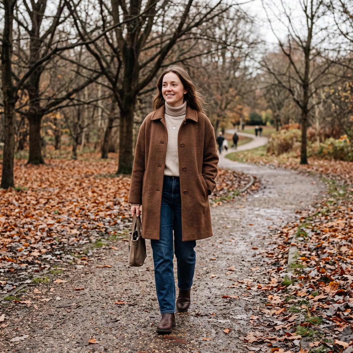Women's Warm Coat - Brown - autumn park path