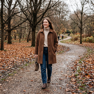 Women's Warm Coat - Brown - autumn park path