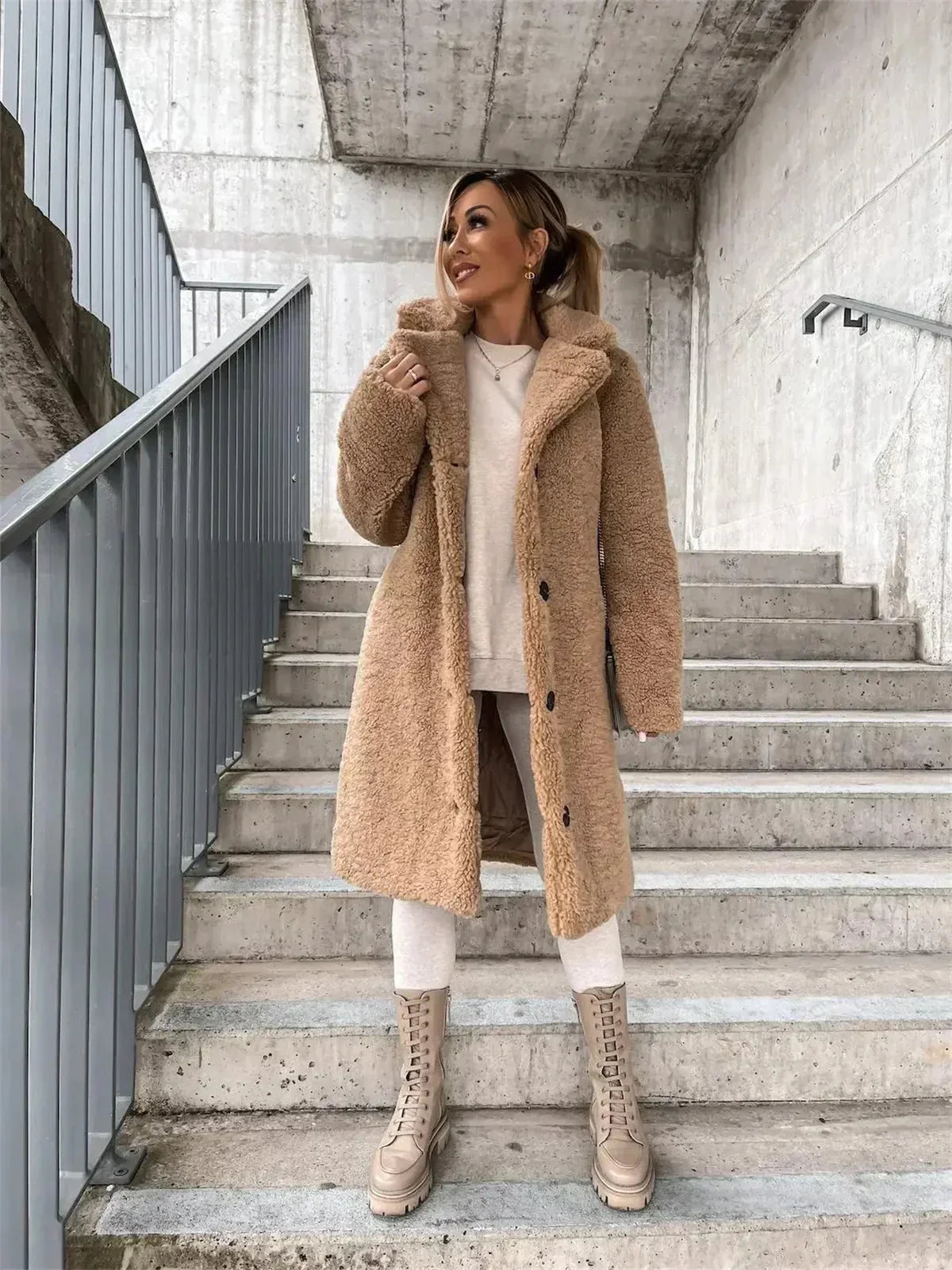 Button-Front Teddy Coat