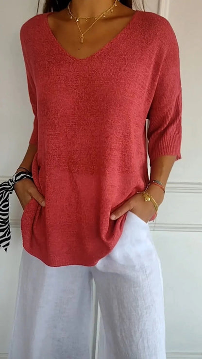 V-Neck Curved-Hem Knit Top