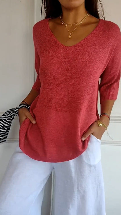 V-Neck Curved-Hem Knit Top