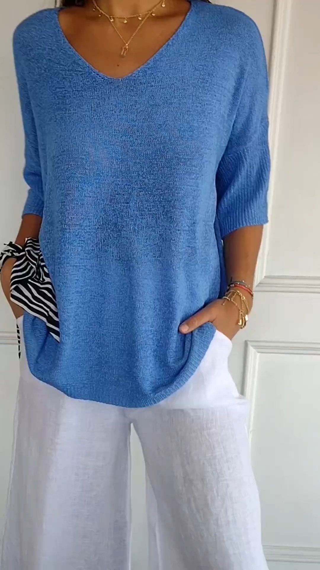 V-Neck Curved-Hem Knit Top