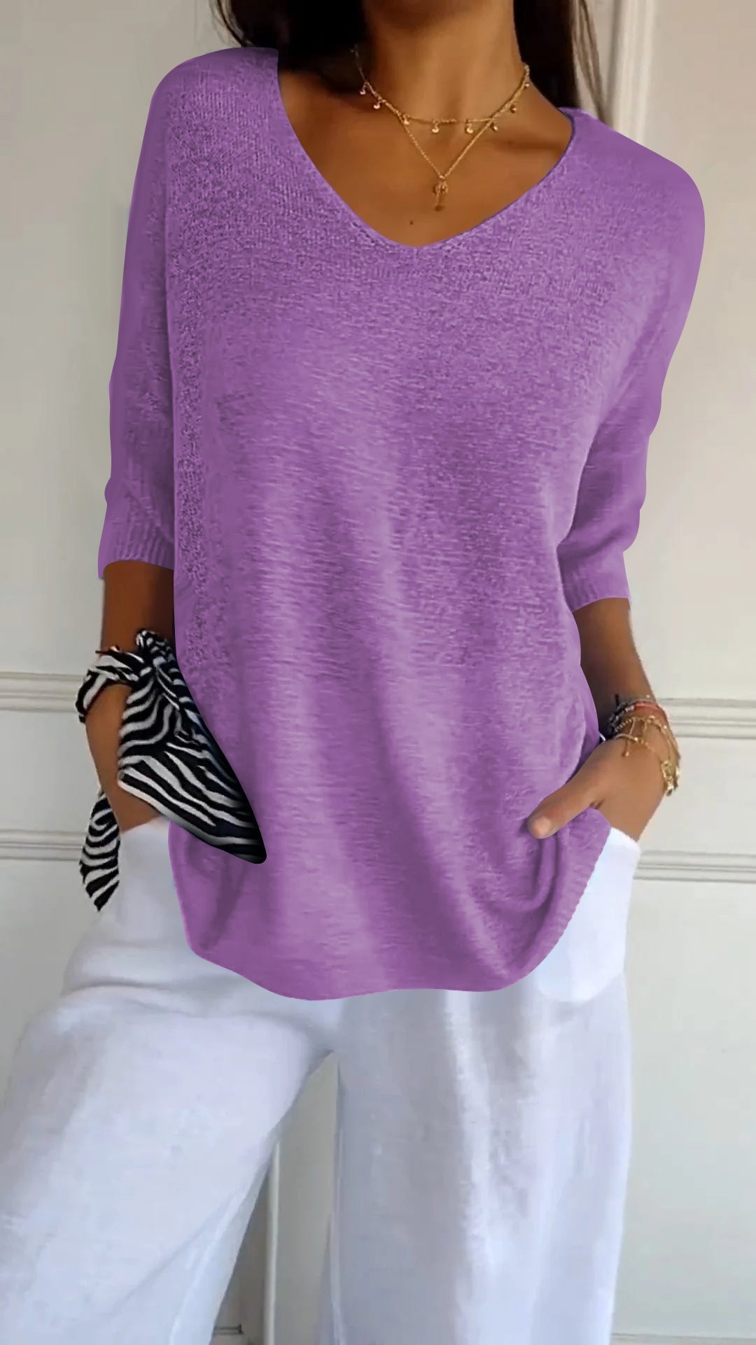 V-Neck Curved-Hem Knit Top