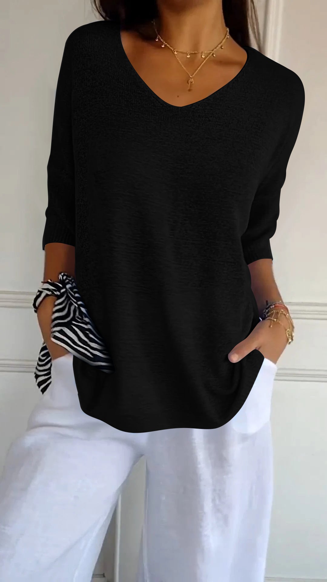 V-Neck Curved-Hem Knit Top