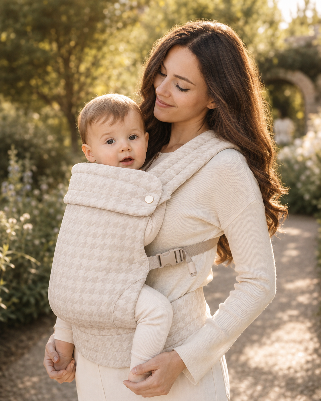 NuriBloom Devora ergonomic baby carrier worn by mother with newborn indoors