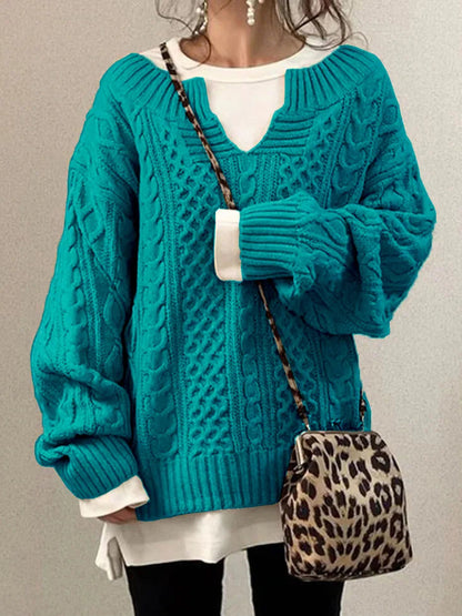 Cable-Knit V-Neck Knit Top
